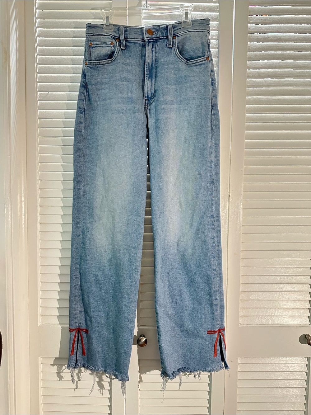 MOTHER Rambler Zip Light Wash Straight-Leg Jeans with Red Tie Accents
